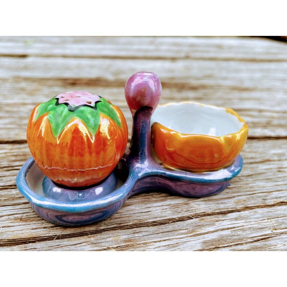 Vintage Salt Cellar  with pepper shaker Tray Pumpkin Lusterware
